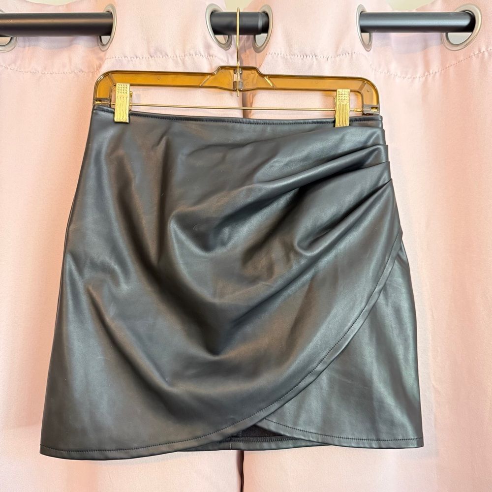Shinestar Black Asymmetrical Wrap Mini Skirt in Faux Leather